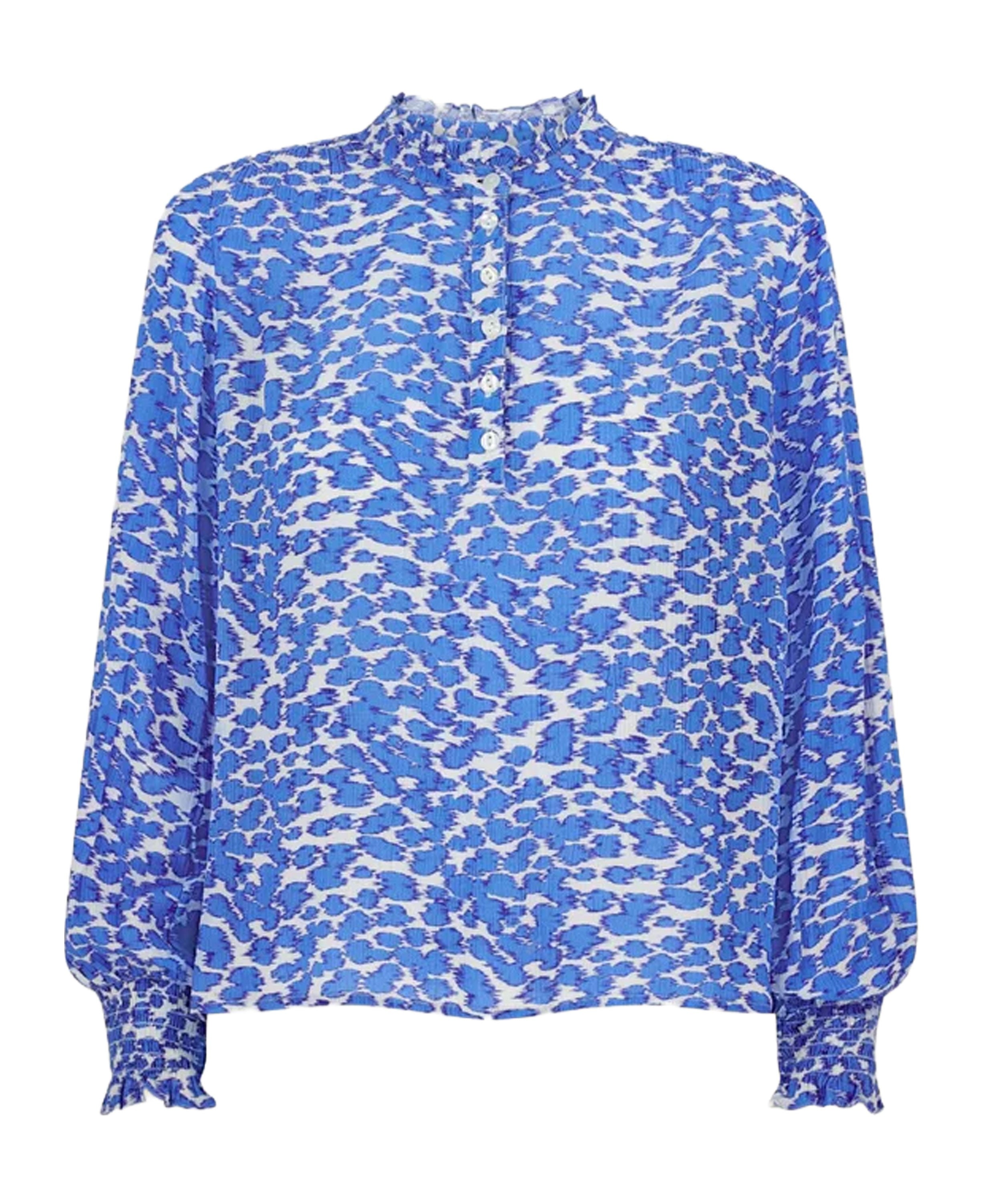 Kaia Viscose Crinkle Blouse - White/Blue Ikat Animal