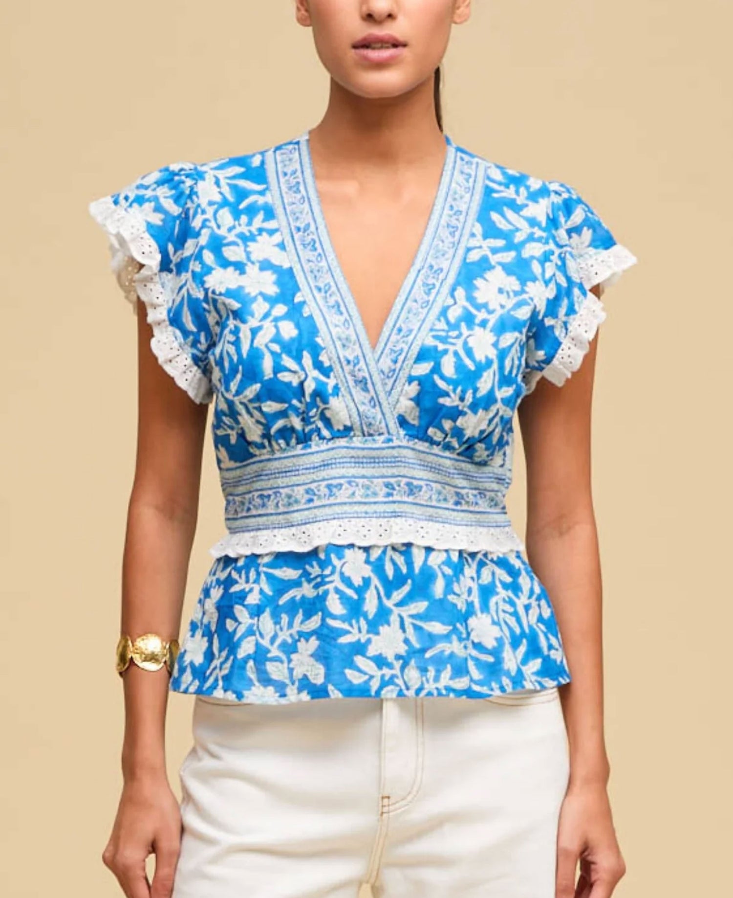 Pippa Block Print Top - Japanese Flower Cobalt