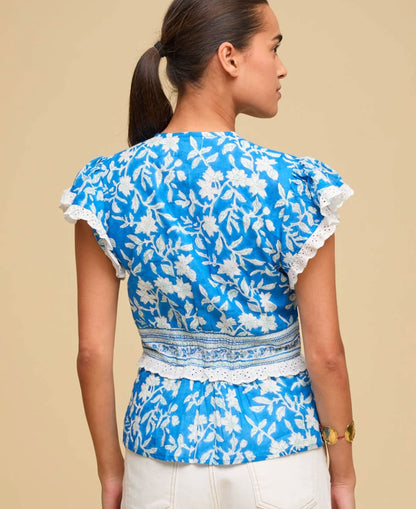 Pippa Block Print Top - Japanese Flower Cobalt