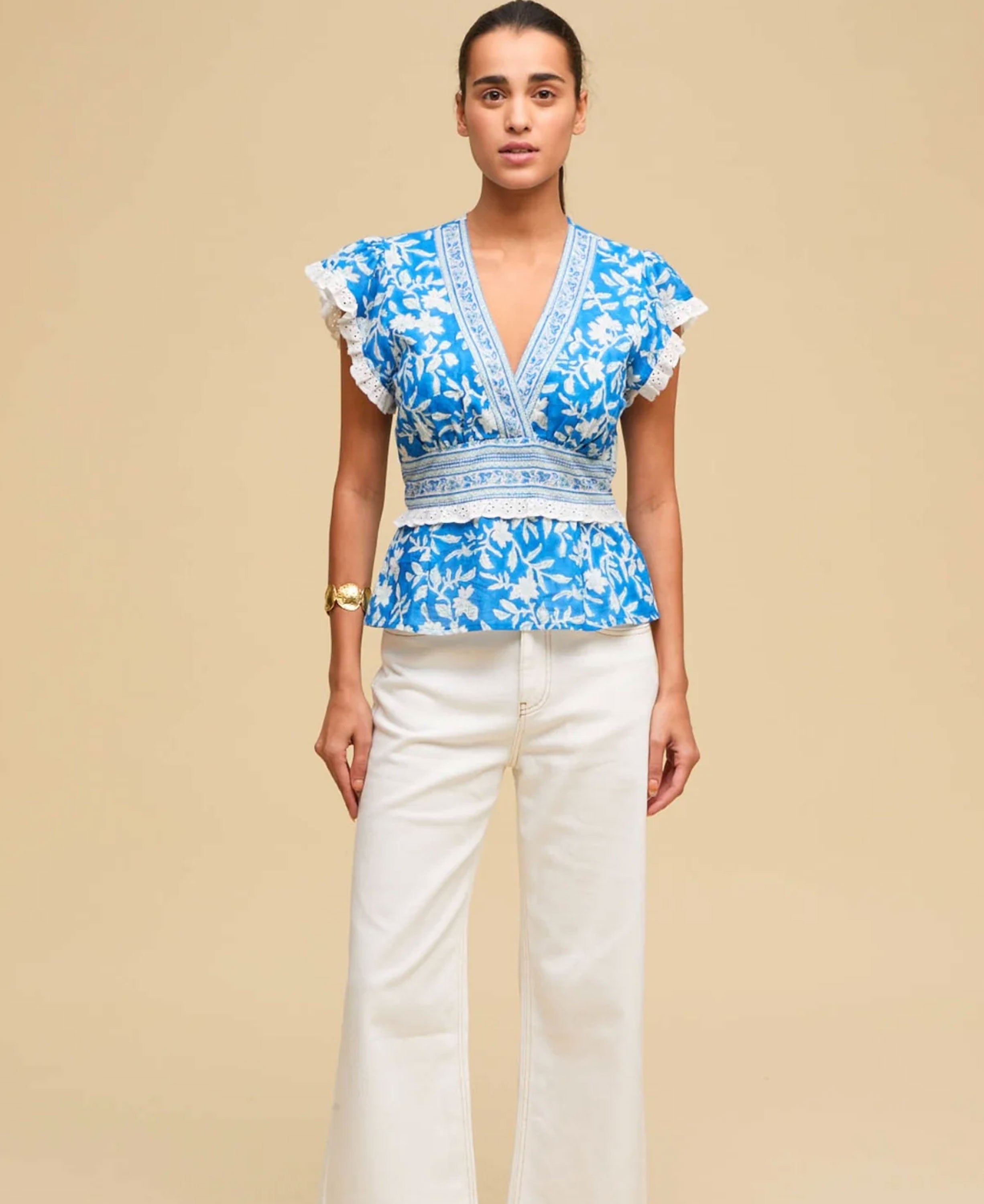 Pippa Block Print Top - Japanese Flower Cobalt