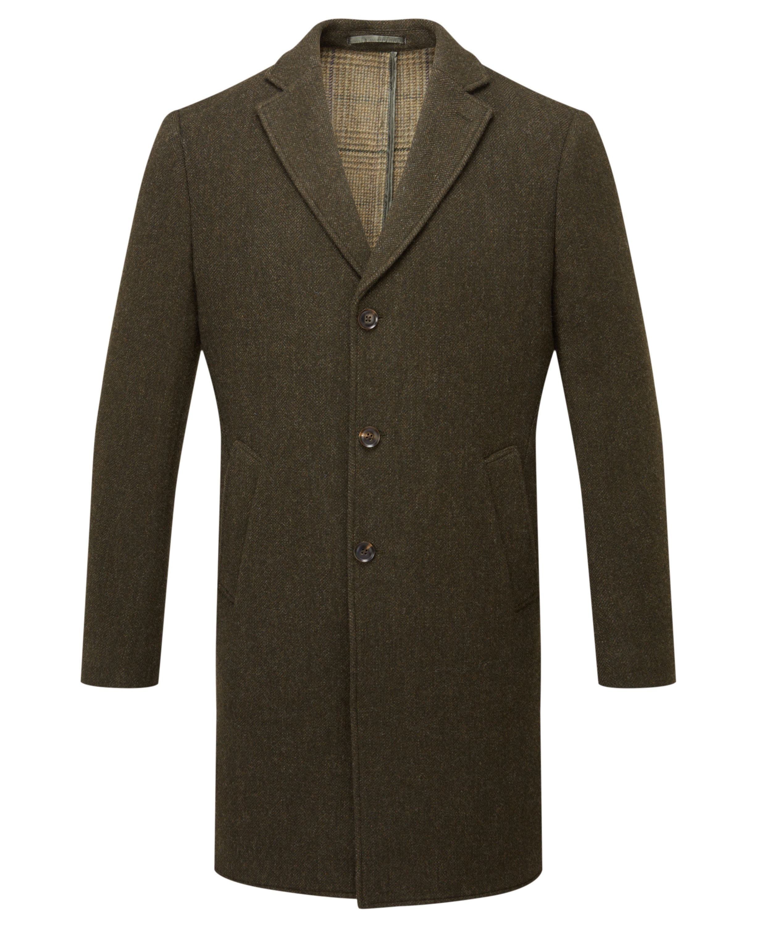Banchory Tweed Coat - Dark Olive Herringbone Tweed