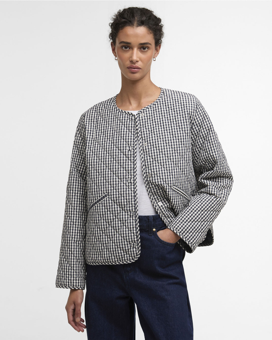 Cashel Check Collarless Quilted Jacket - Navy Gingham/Dark Navy
