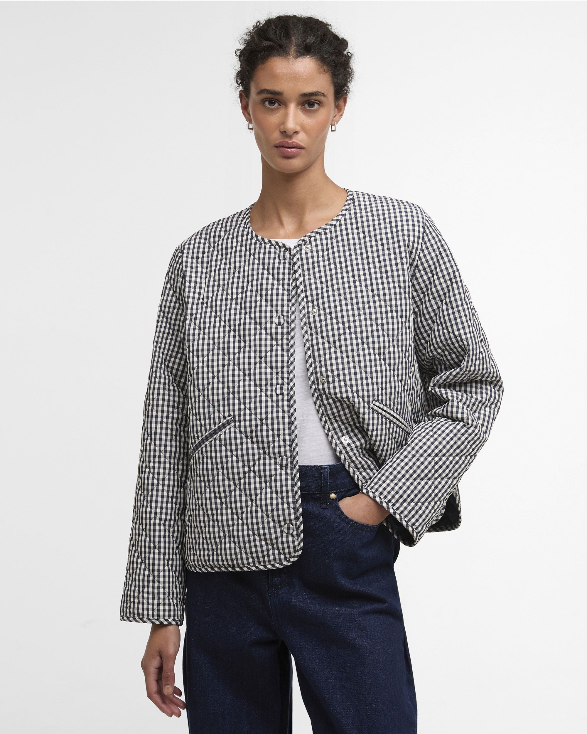 Cashel Check Collarless Quilted Jacket - Navy Gingham/Dark Navy