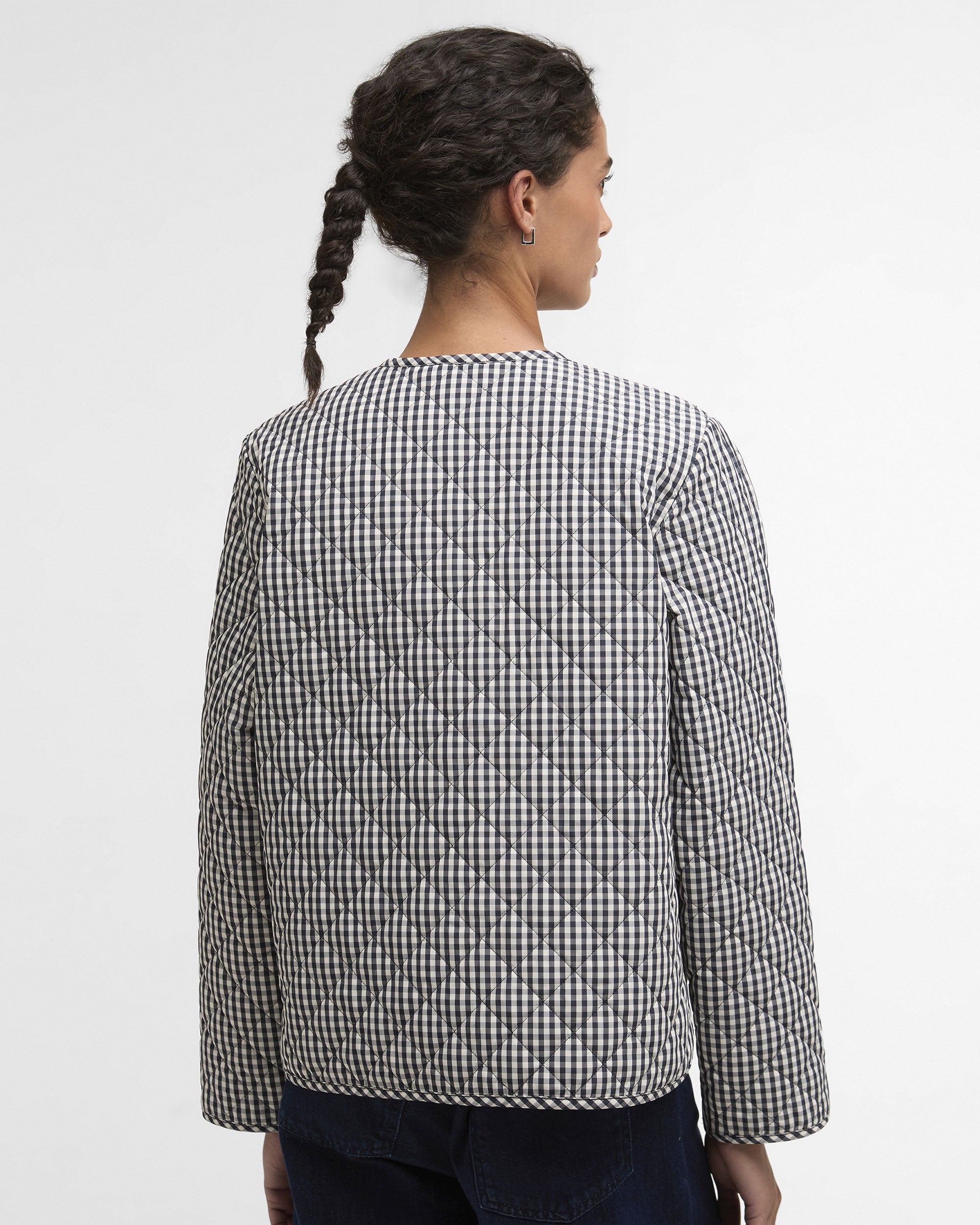 Cashel Check Collarless Quilted Jacket - Navy Gingham/Dark Navy