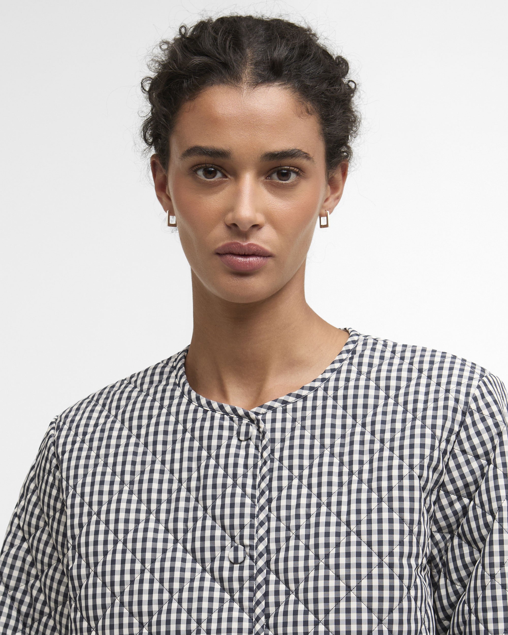 Cashel Check Collarless Quilted Jacket - Navy Gingham/Dark Navy