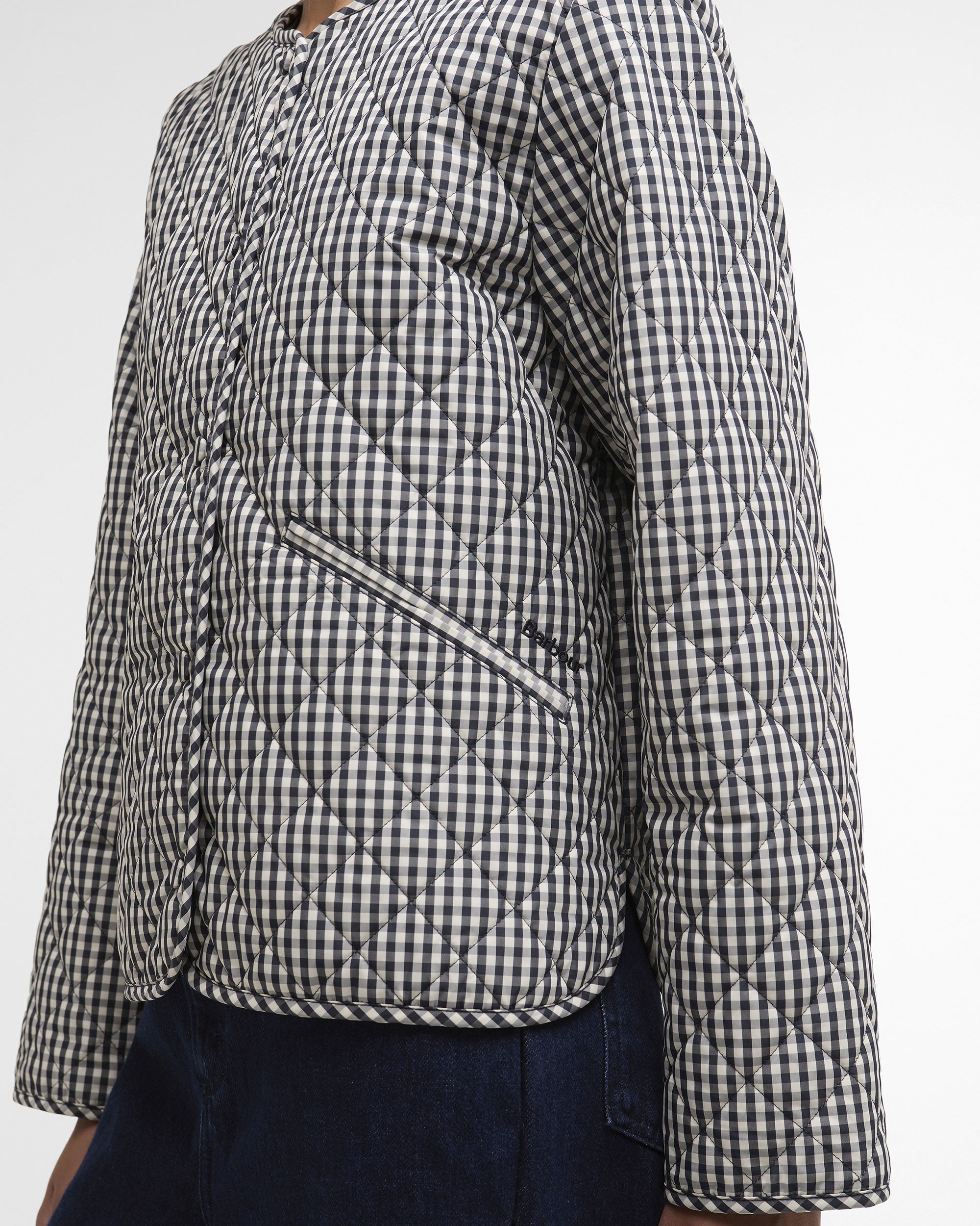 Cashel Check Collarless Quilted Jacket - Navy Gingham/Dark Navy