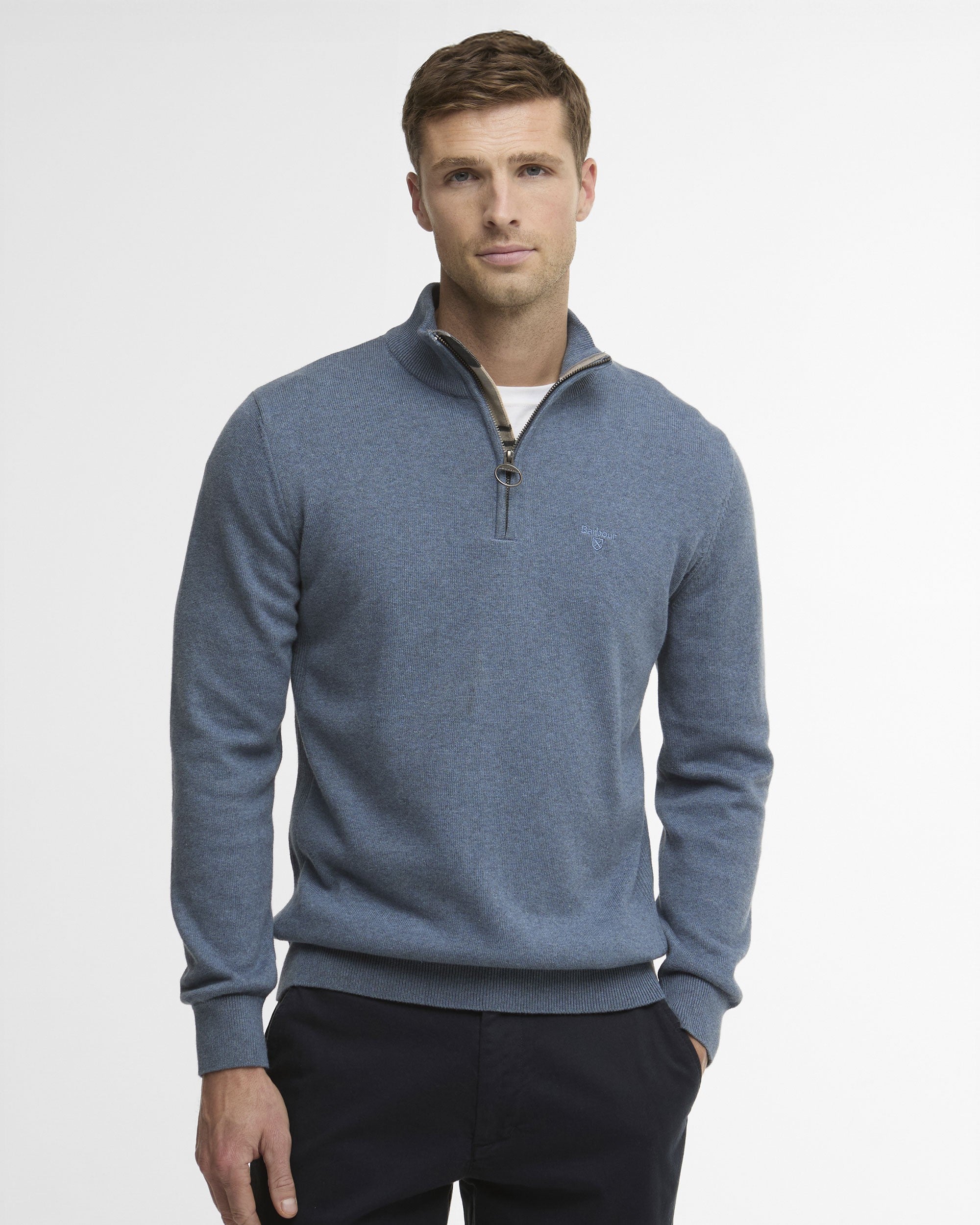 Cotton Half Zip Knitted Jumper - Dusky Blue