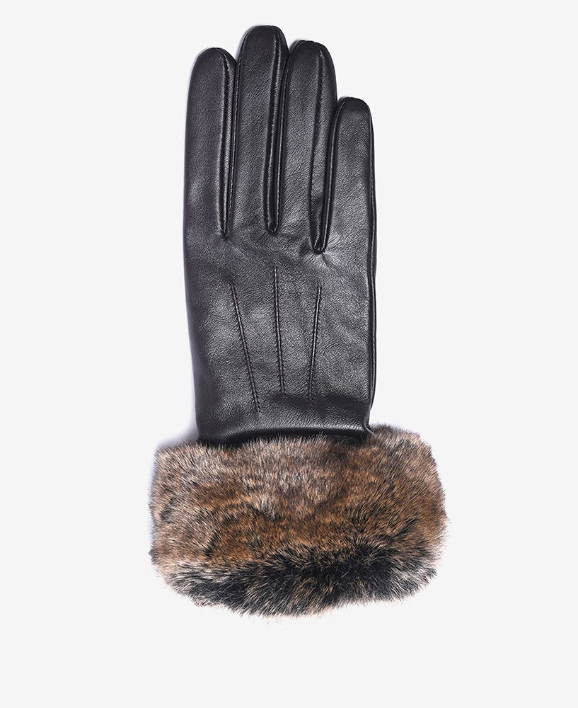 Fur Trimmed Leather Gloves - Dark Brown