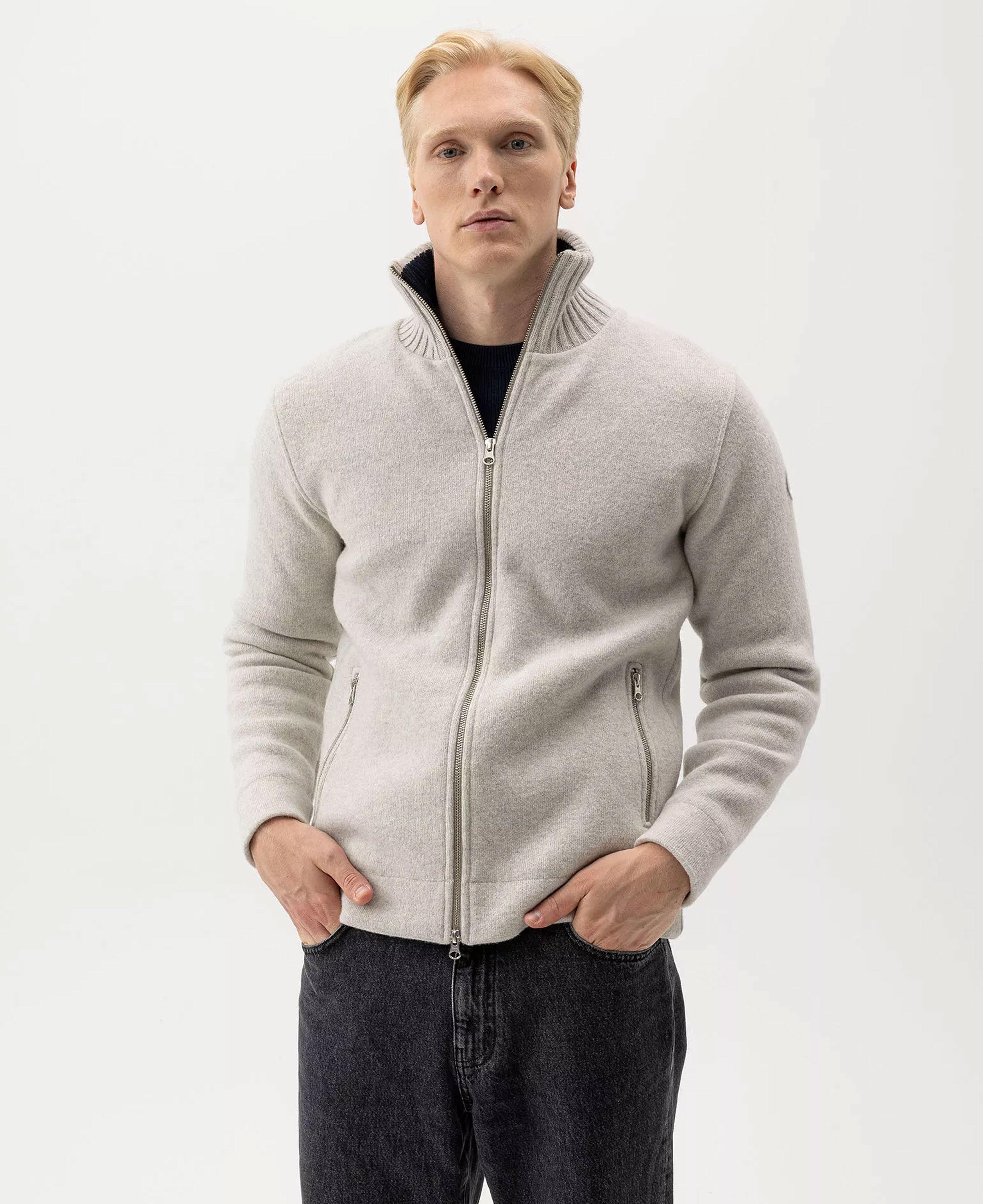 Mans Zip Wool Windproof - Light Grey Mel