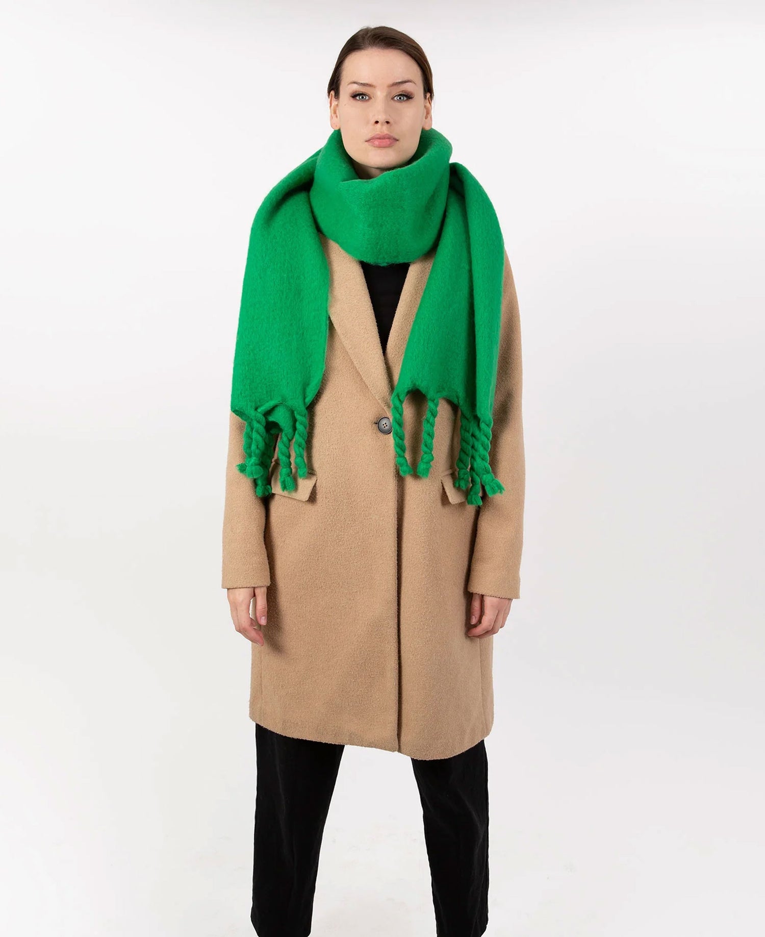 Blanket Scarf With Tied Tassel Ends - Emerald