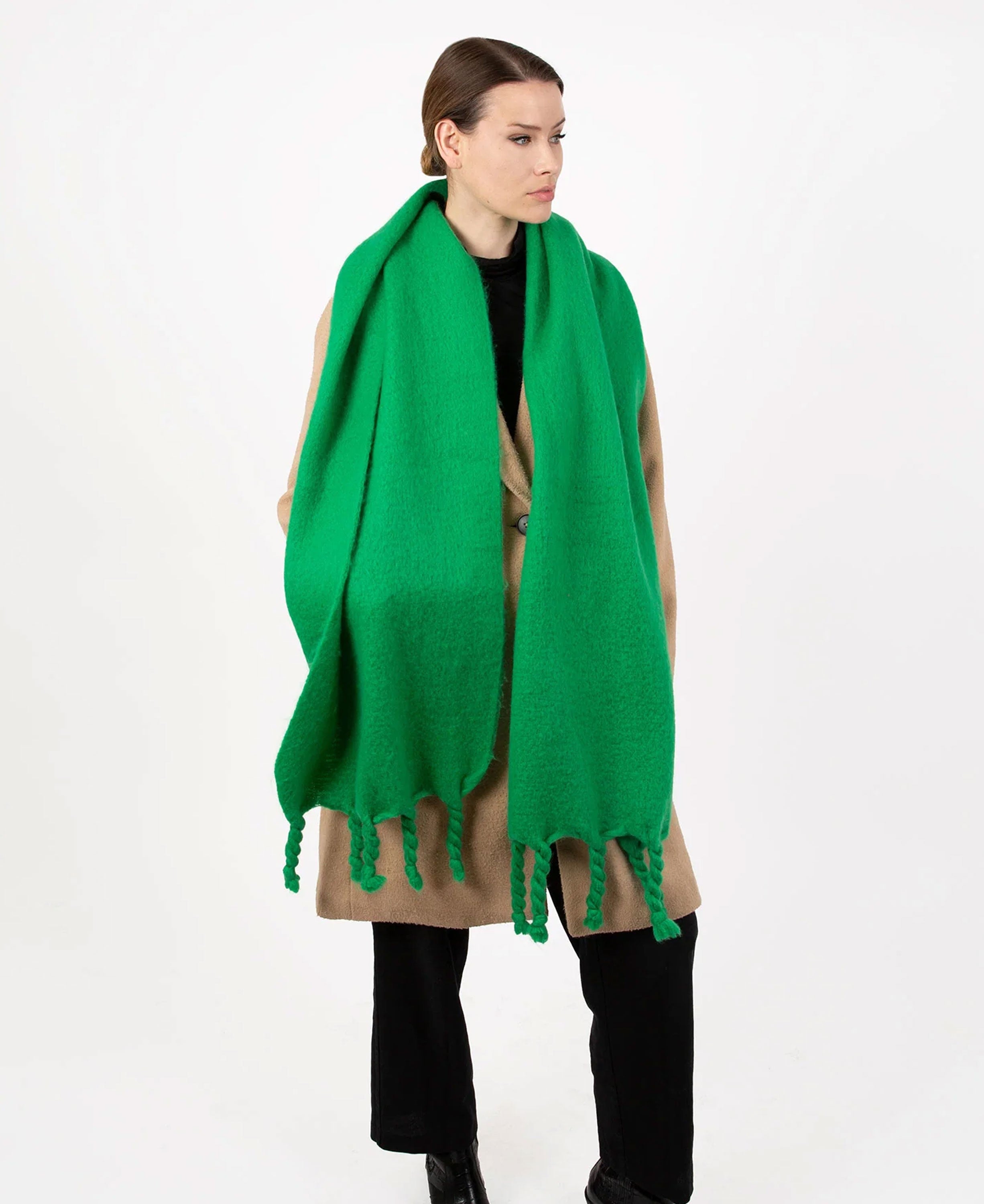 Blanket Scarf With Tied Tassel Ends - Emerald
