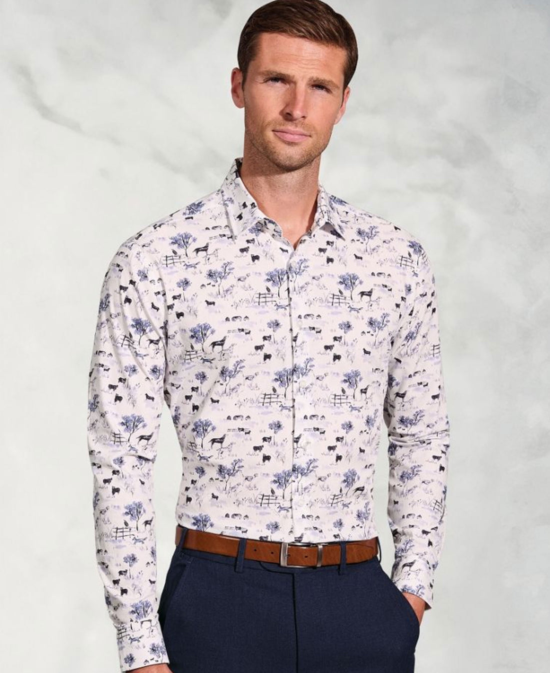 Country Scene Print Cotton Shirt - White