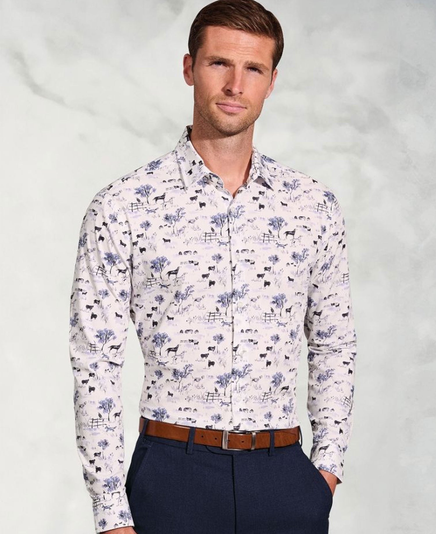 Country Scene Print Cotton Shirt - White