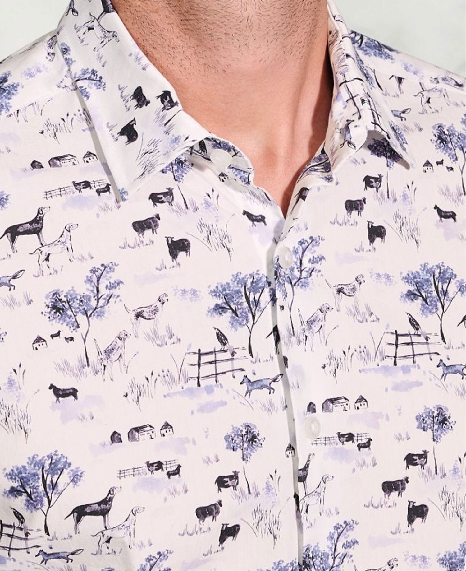 Country Scene Print Cotton Shirt - White