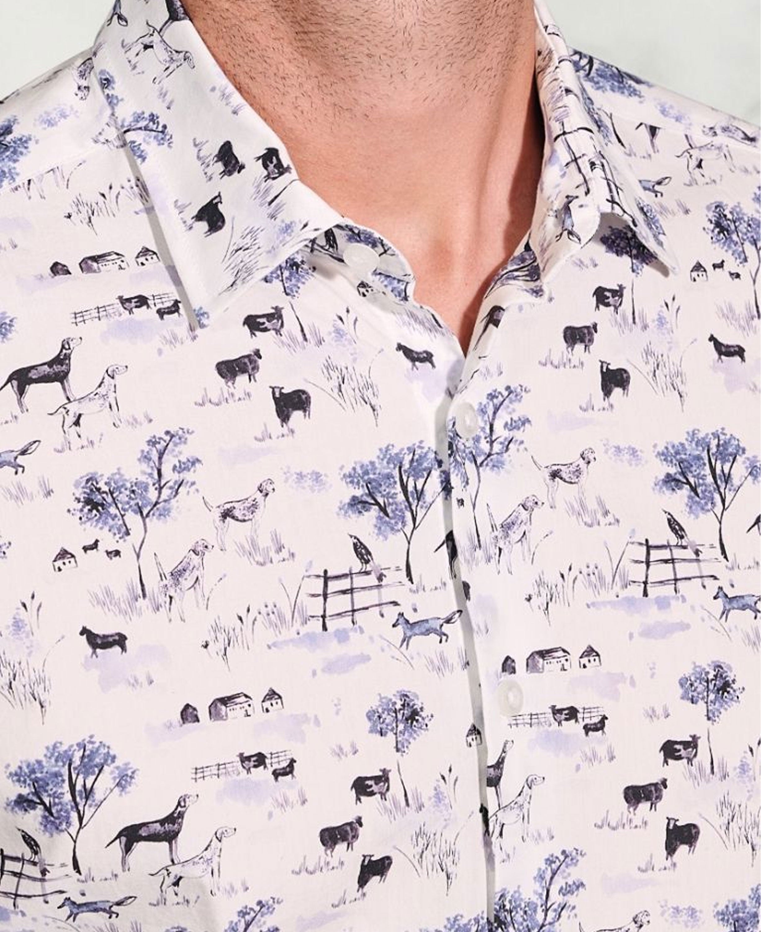 Country Scene Print Cotton Shirt - White