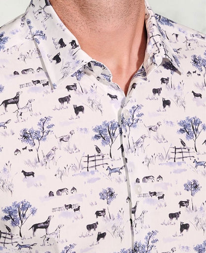 Country Scene Print Cotton Shirt - White