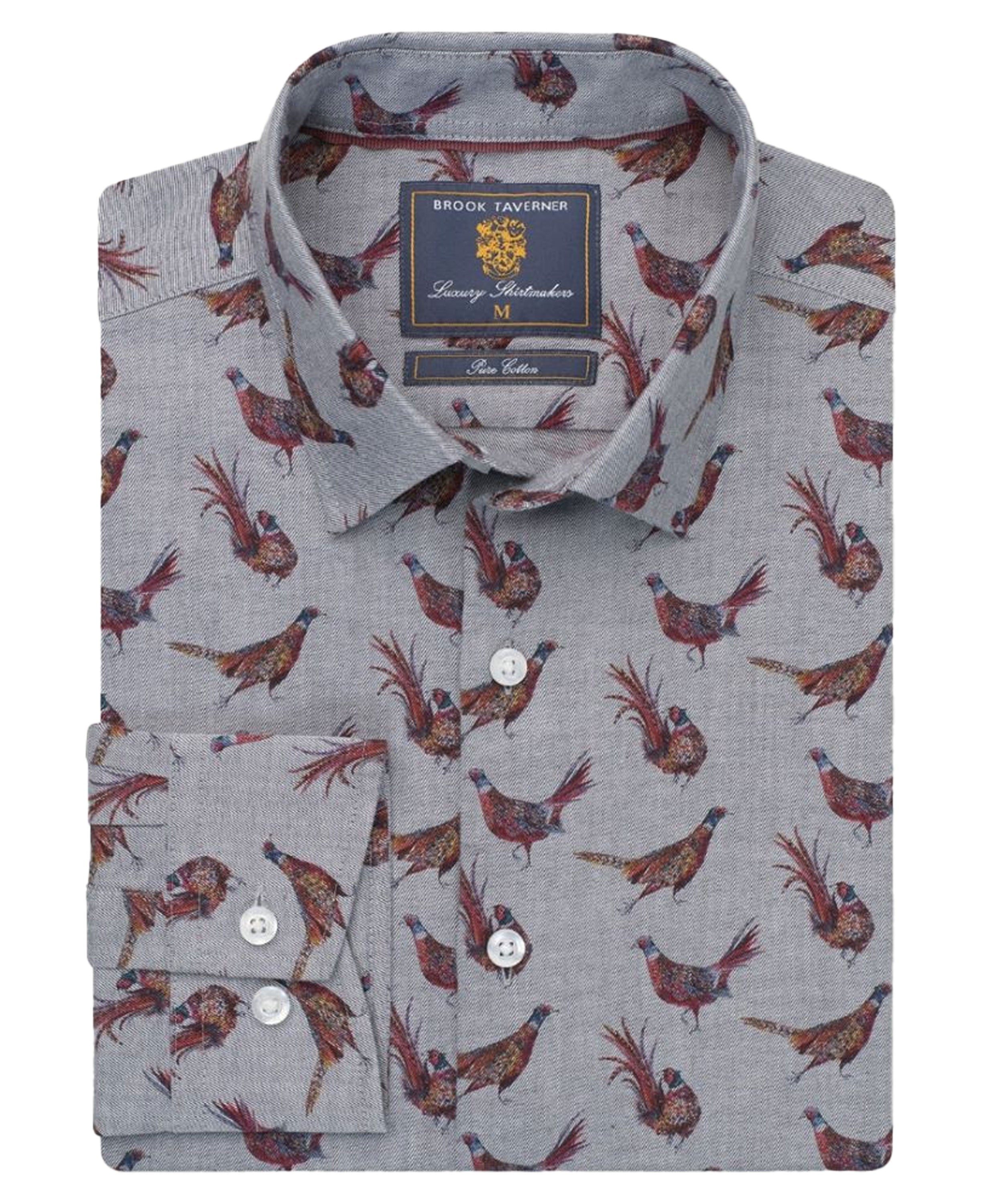 Pheasant Print Cotton Shirt - Silver Grey
