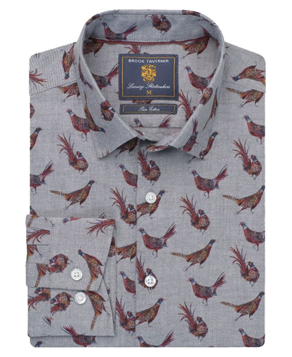 Pheasant Print Cotton Shirt - Silver Grey