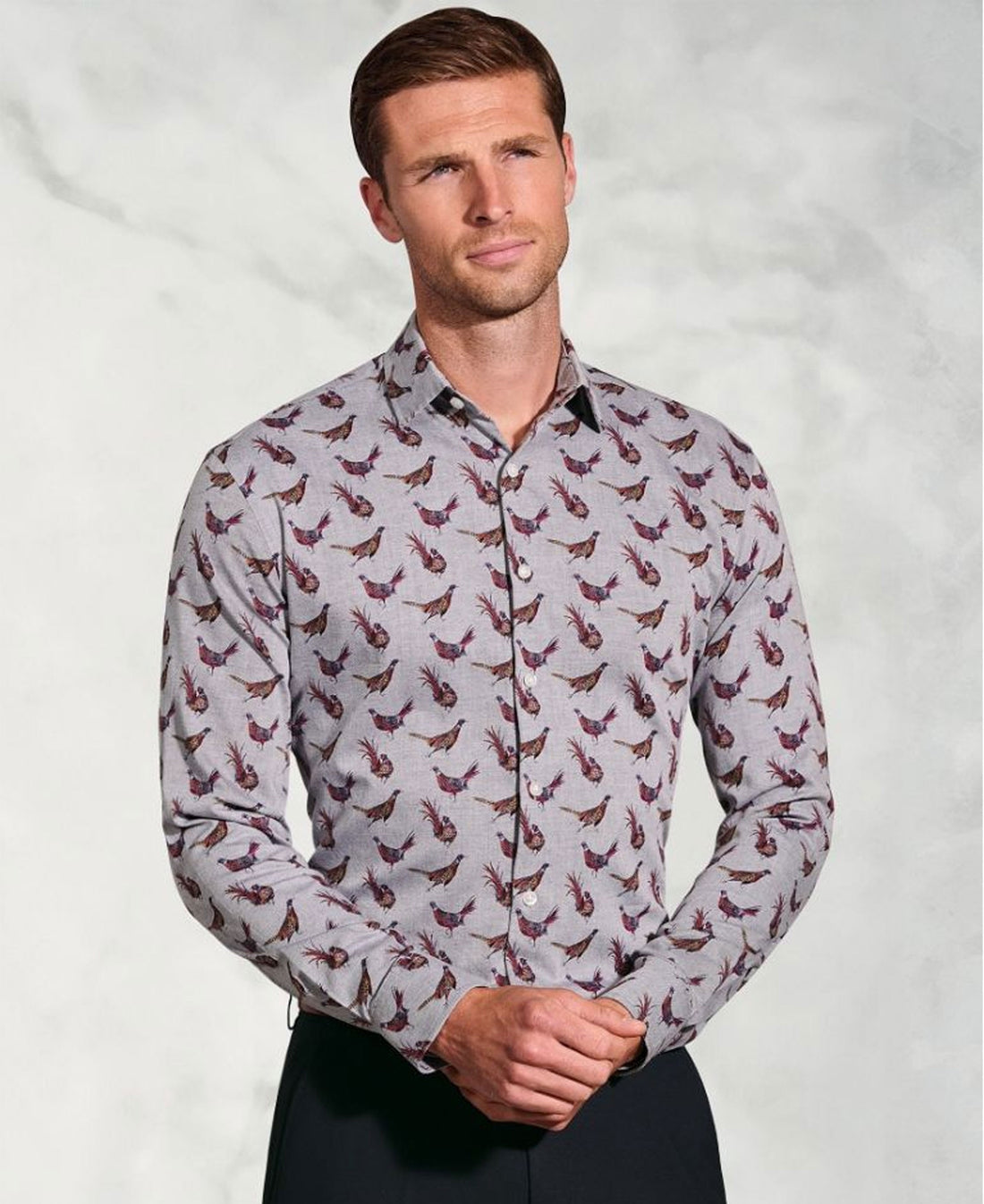 Pheasant Print Cotton Shirt - Silver Grey