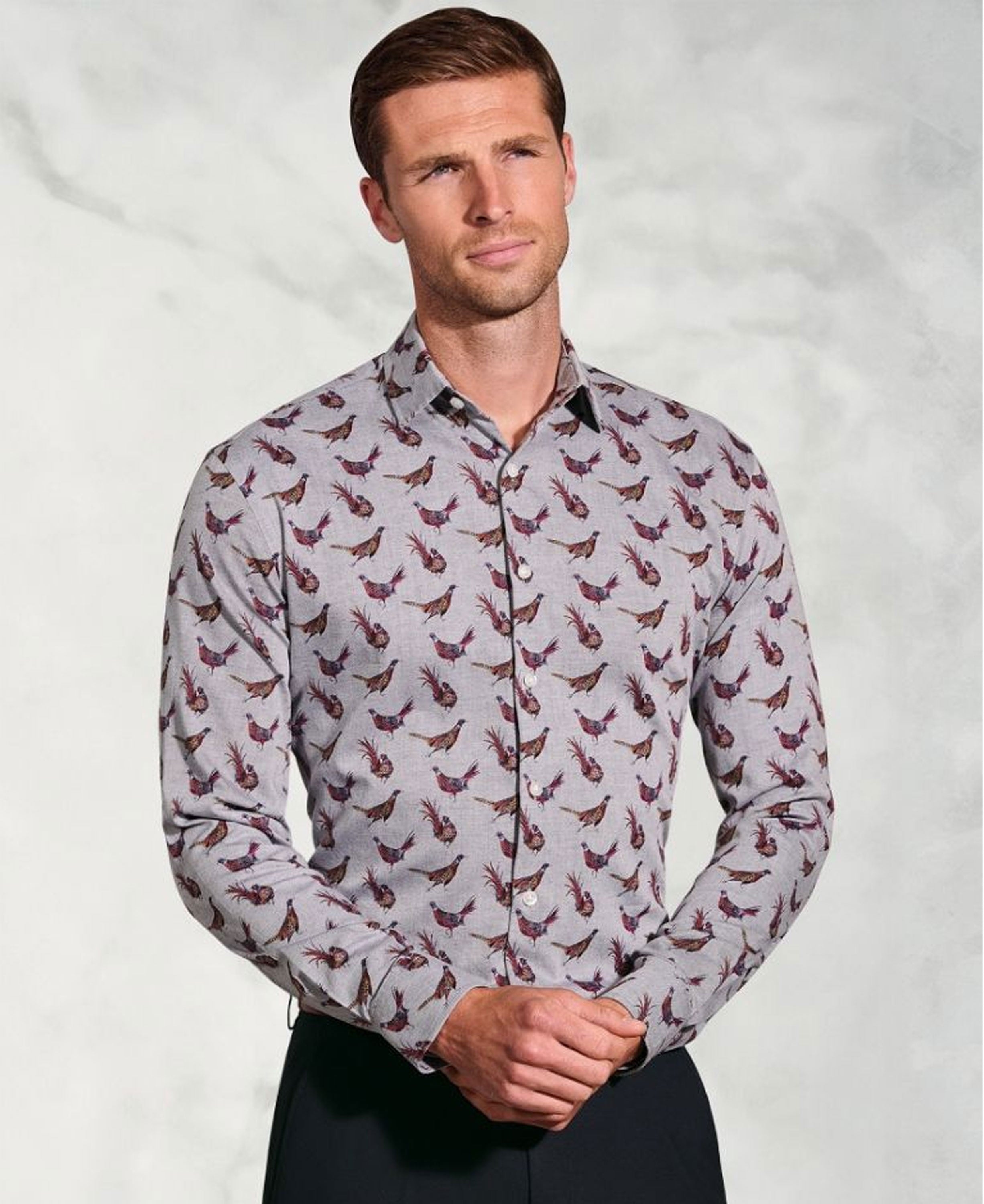 Pheasant Print Cotton Shirt - Silver Grey
