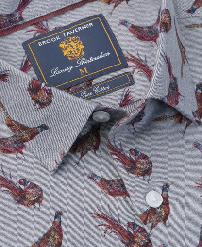 Pheasant Print Cotton Shirt - Silver Grey