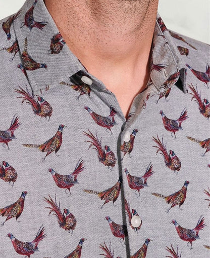 Pheasant Print Cotton Shirt - Silver Grey