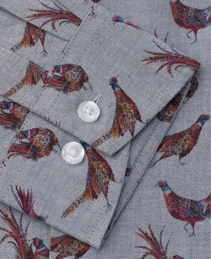 Pheasant Print Cotton Shirt - Silver Grey