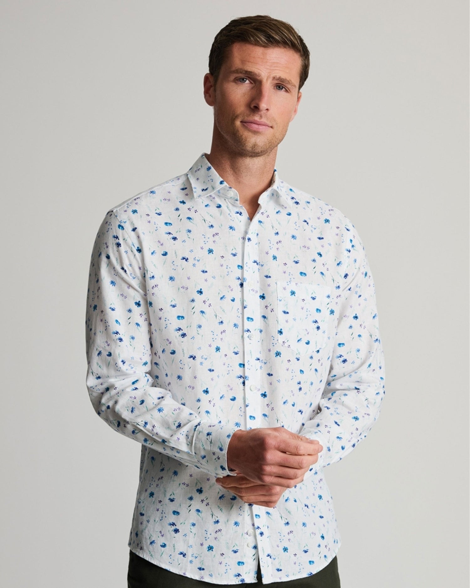 Wildflower Watercolour Linen Cotton Shirt - Blue