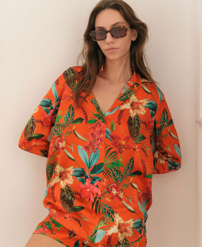 Daria French Cuff Silk Blouse - Orange Tropical