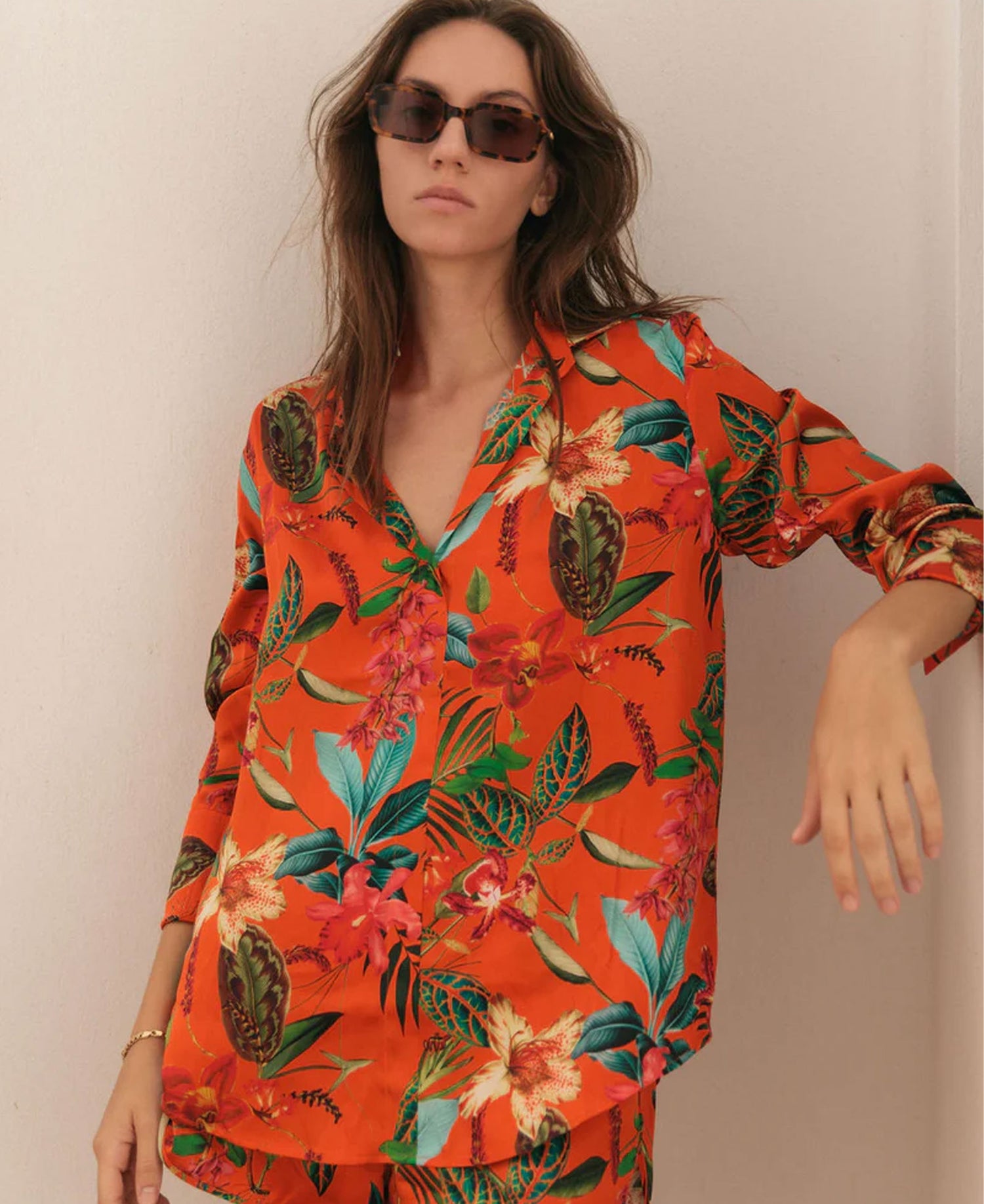 Daria French Cuff Silk Blouse - Orange Tropical