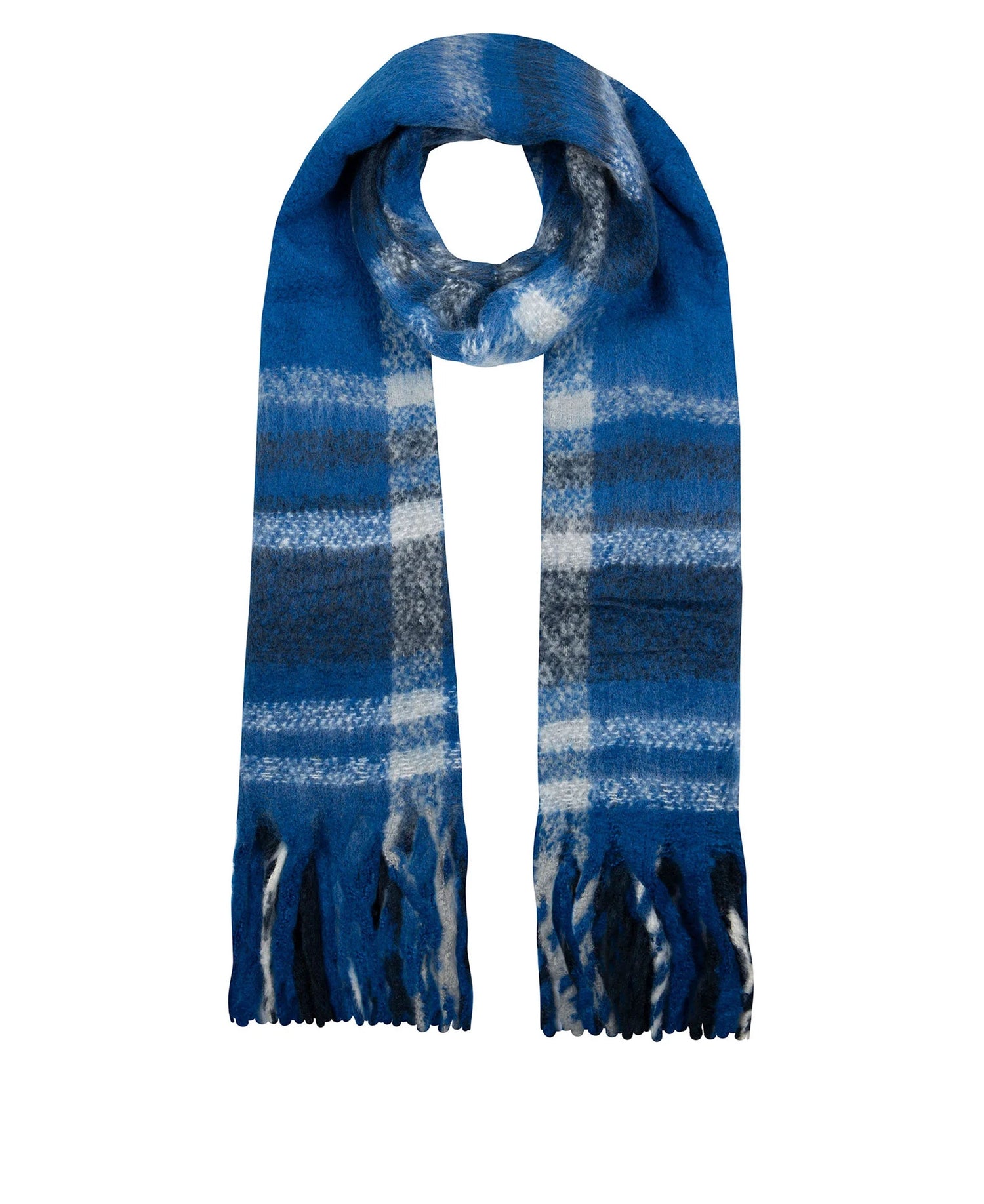 Check Blanket Scarf With Tassel Ends - Cobalt