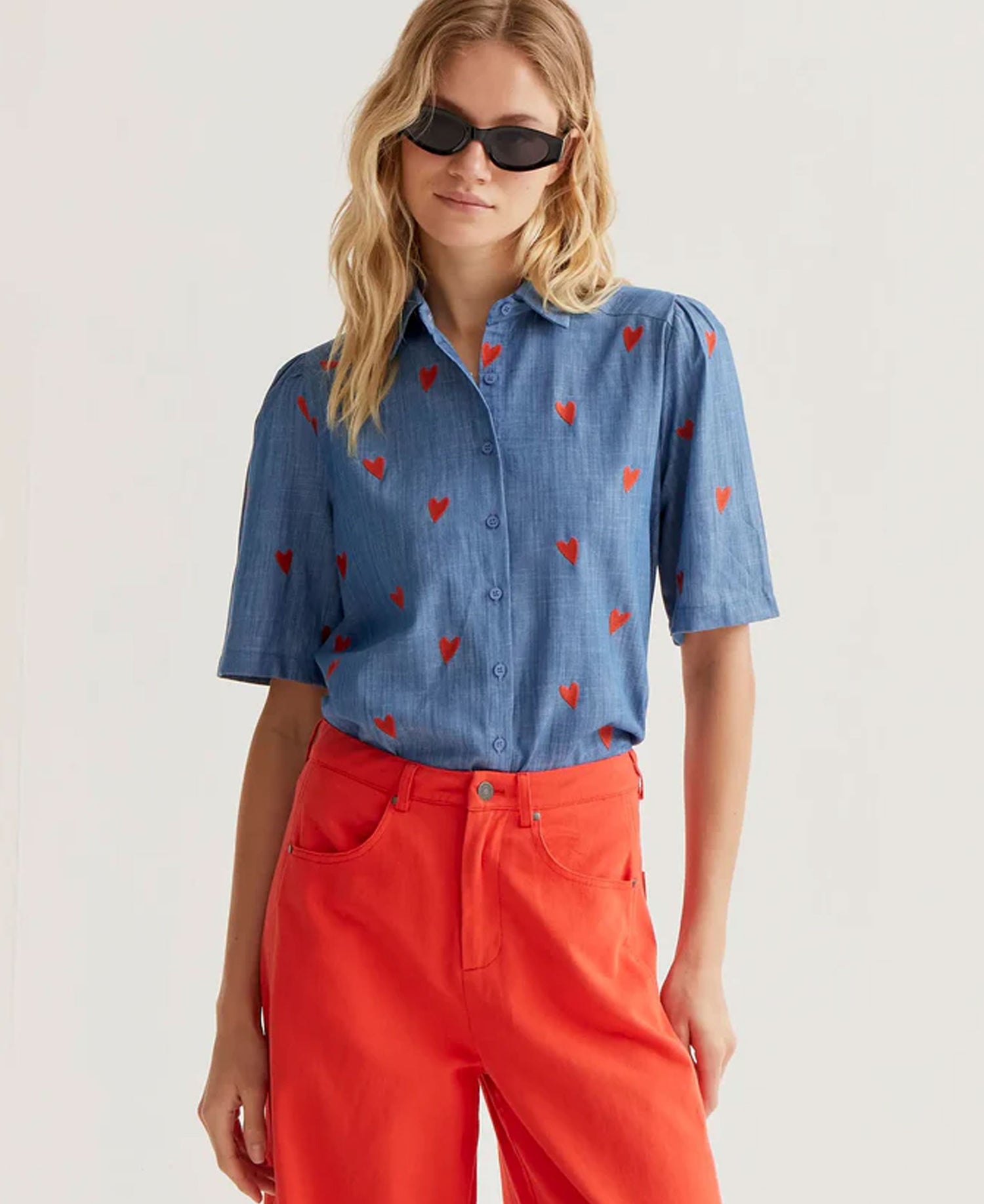 Orange Hearts Cotton Shirt - Blue