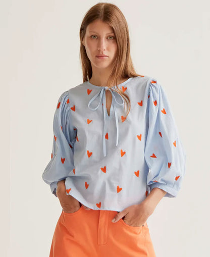Orange Hearts Cotton Top - Light Blue