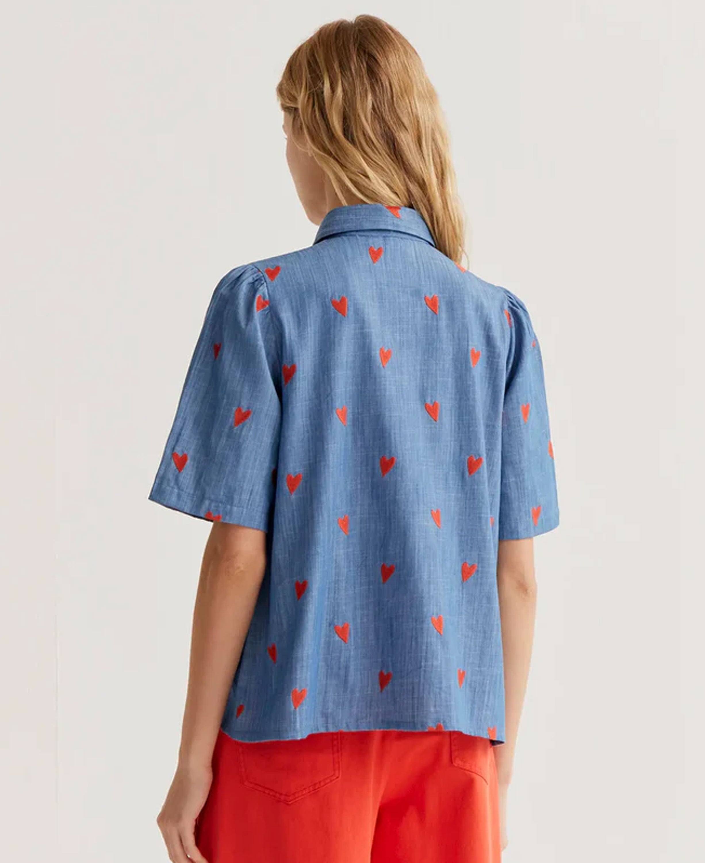 Orange Hearts Cotton Shirt - Blue