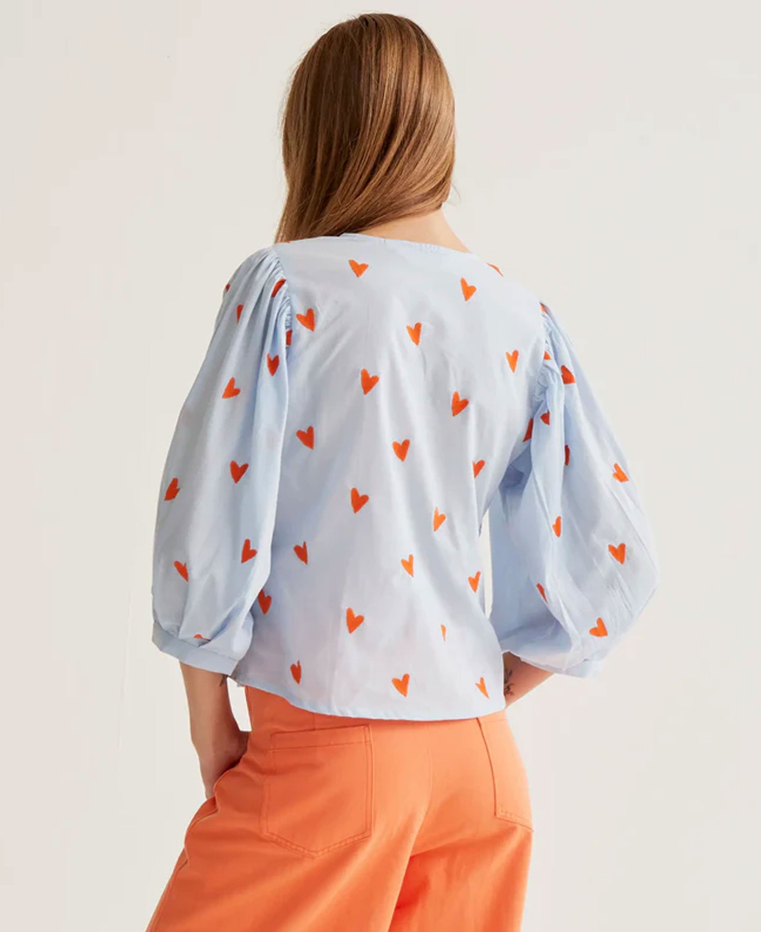 Orange Hearts Cotton Top - Light Blue