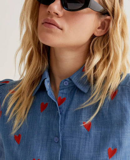 Orange Hearts Cotton Shirt - Blue