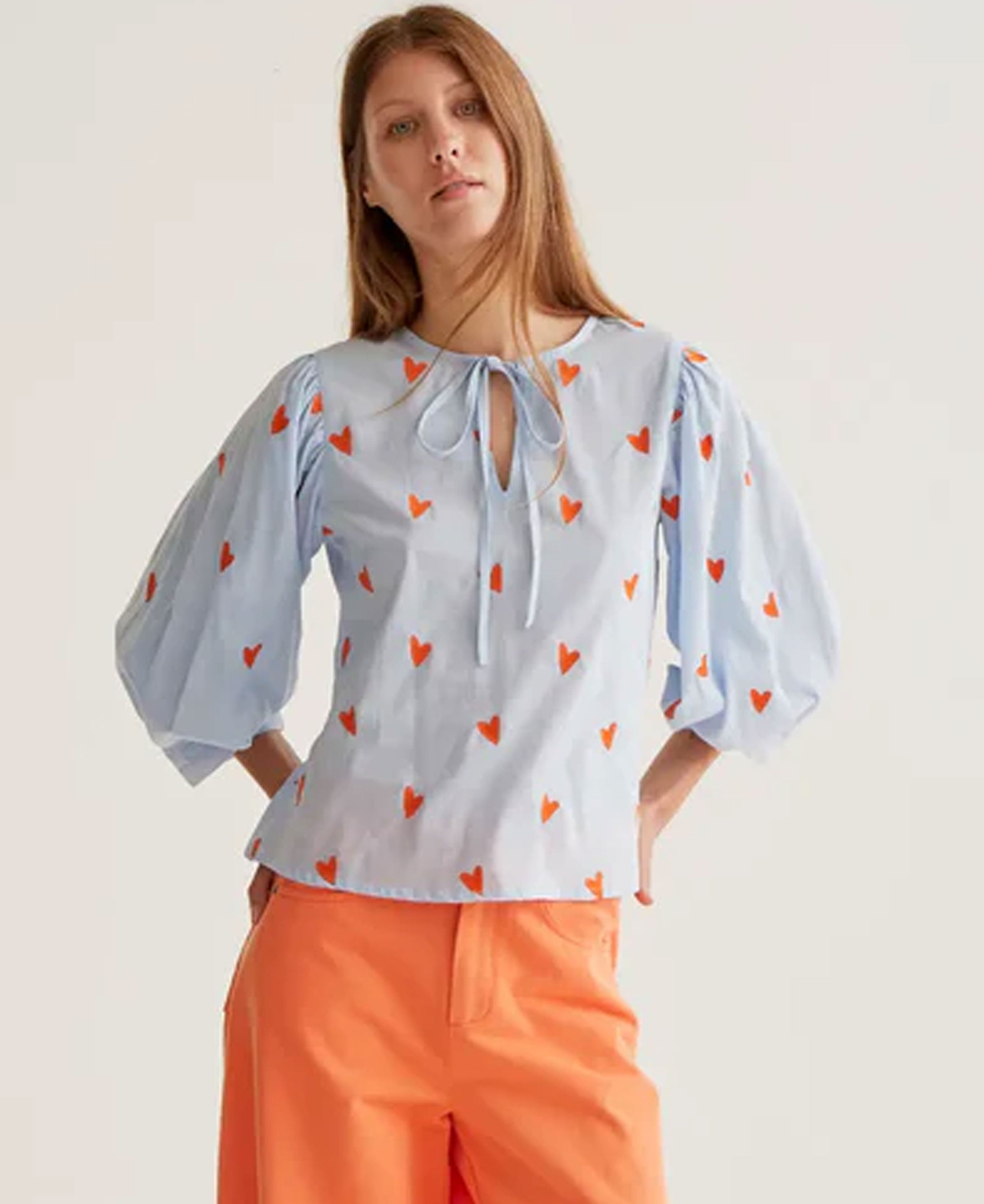 Orange Hearts Cotton Top - Light Blue