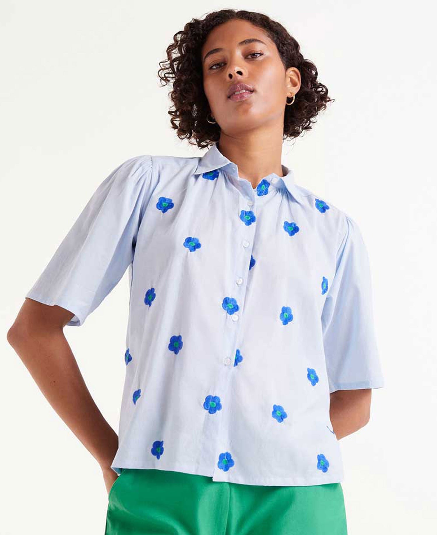 Short Sleeve Flower Print Shirt - Light Blue