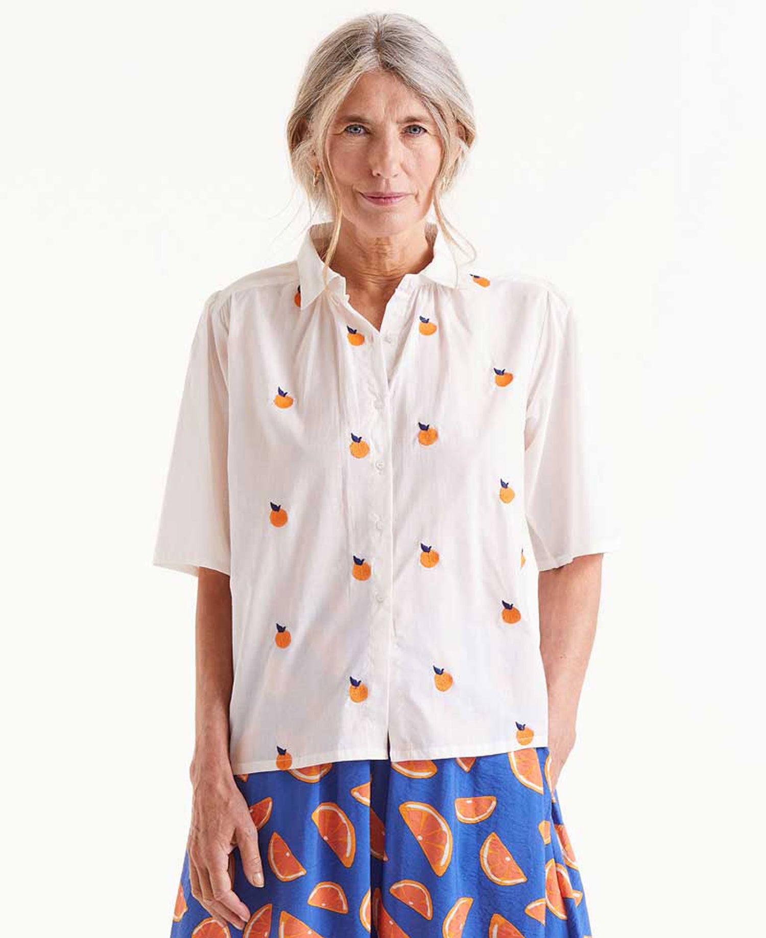 Short Sleeve Shirt With Orange Print - White