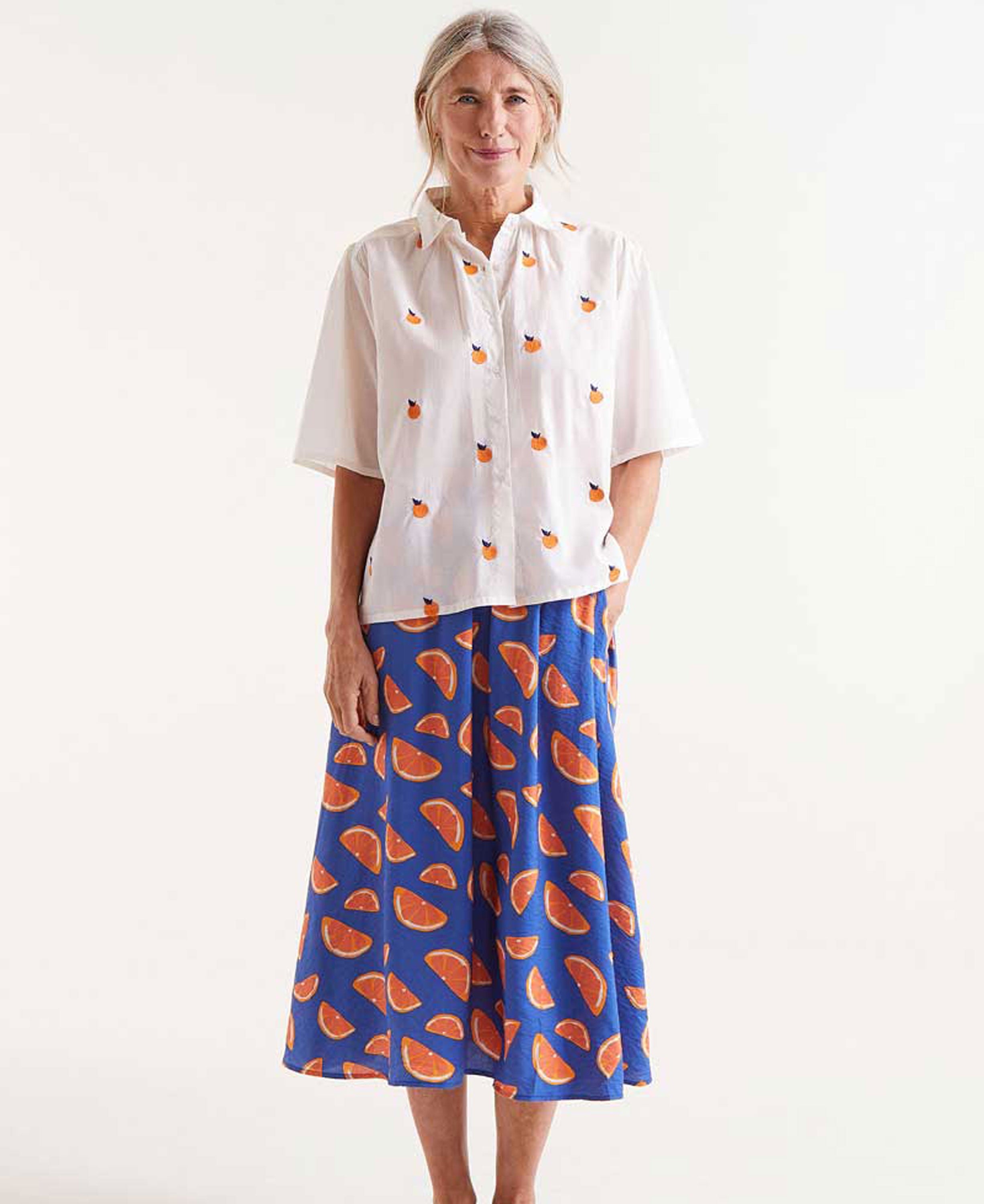 Short Sleeve Shirt With Orange Print - White