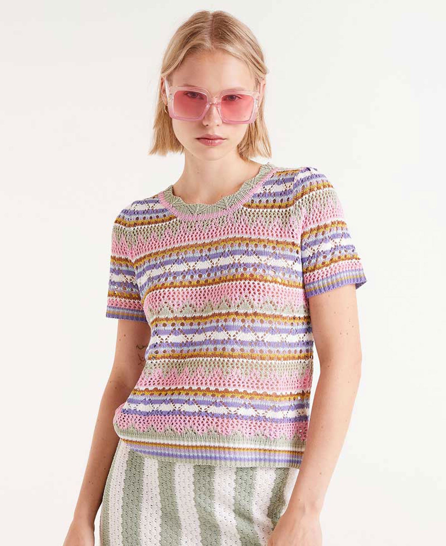 Striped Openwork Knit Top - Multicolor