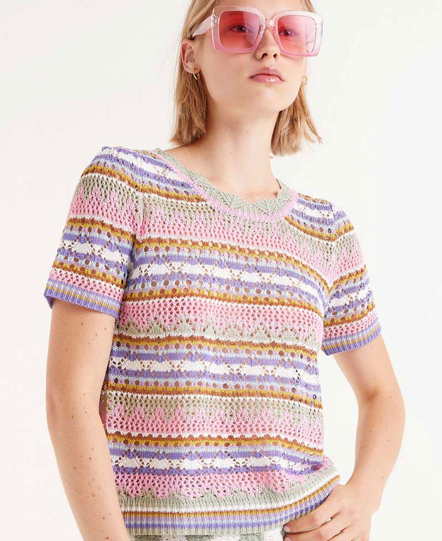 Striped Openwork Knit Top - Multicolor