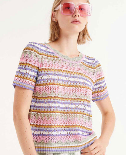 Striped Openwork Knit Top - Multicolor