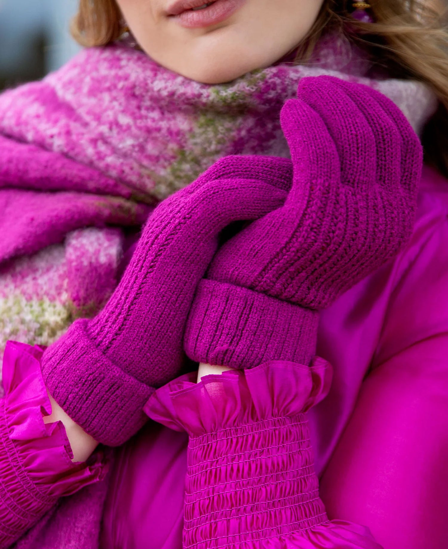 Bold Colour Knitted Gloves With Turn Back Cuffs - Orchid