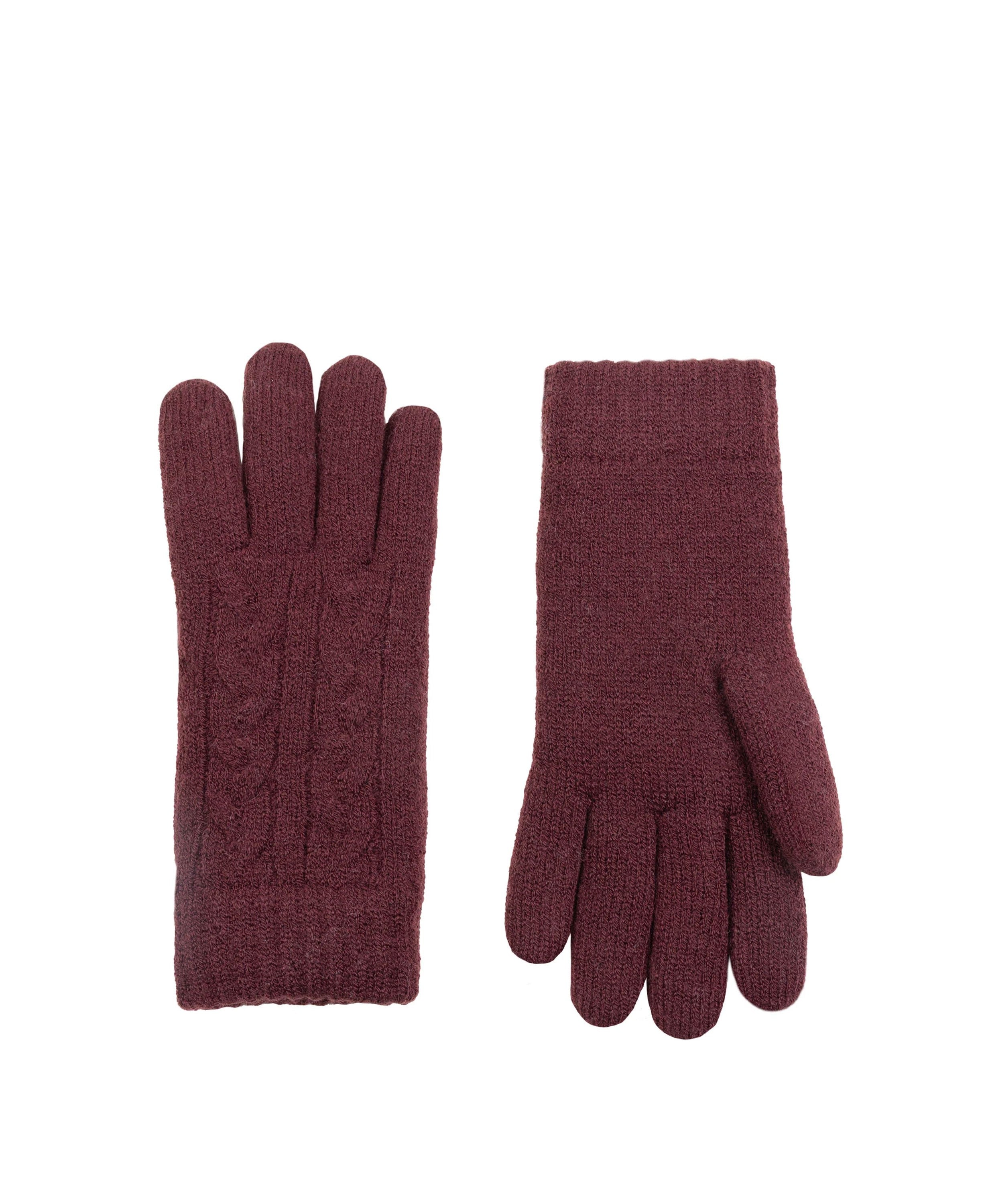 Cable Knit Gloves Fleece Lining - Damson
