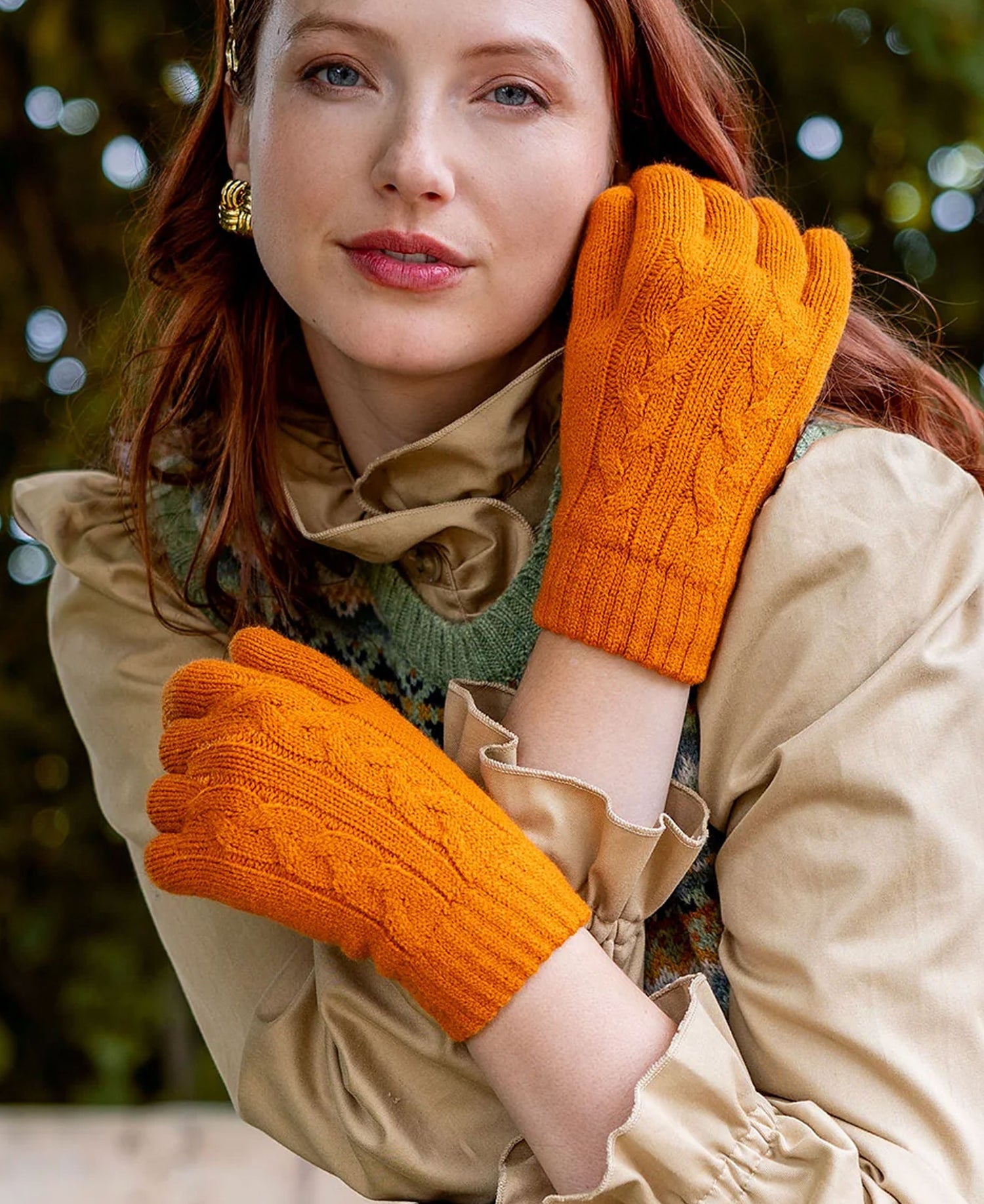Cable Knit Gloves Fleece Lining - Pumpkin