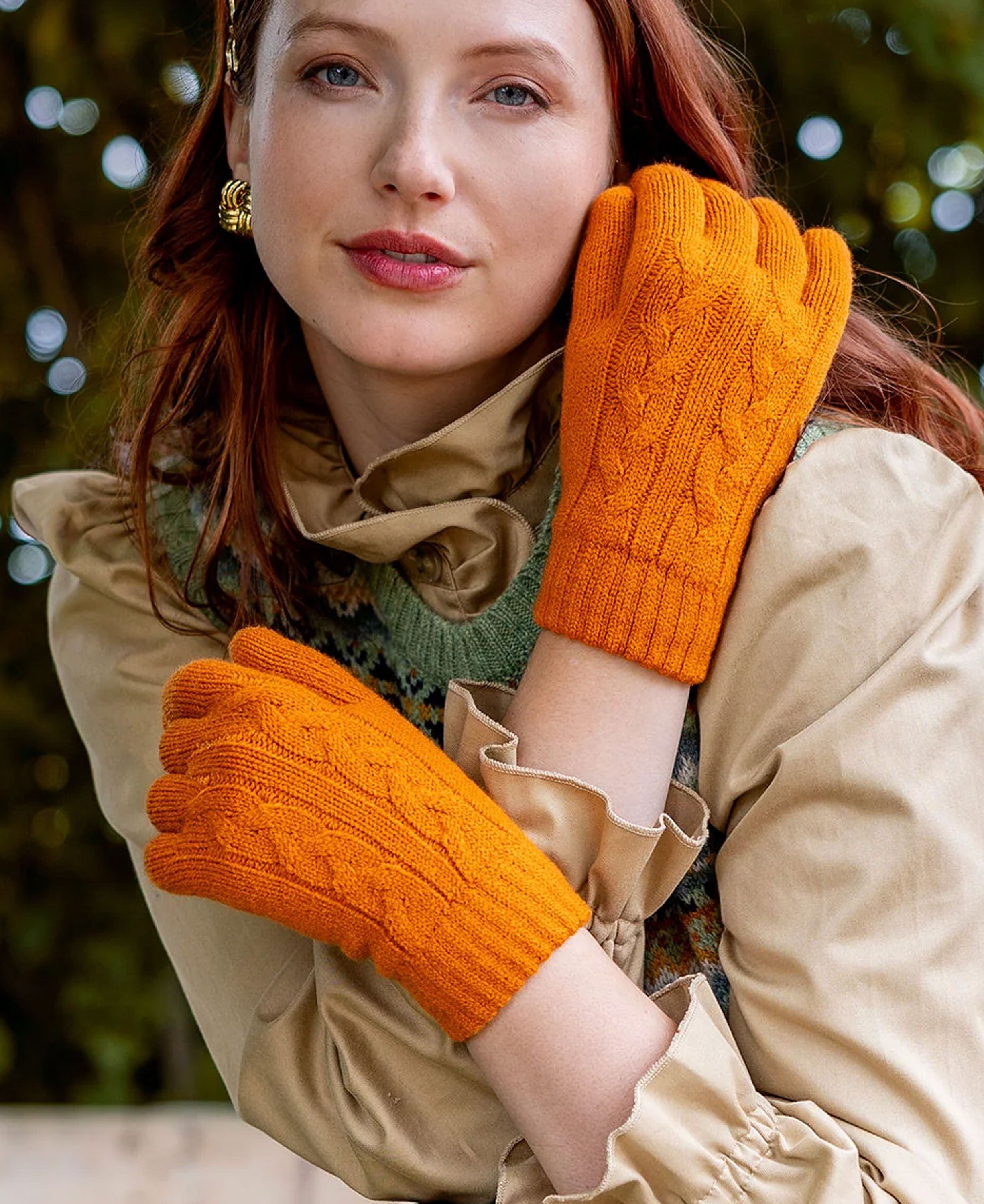 Cable Knit Gloves Fleece Lining - Pumpkin