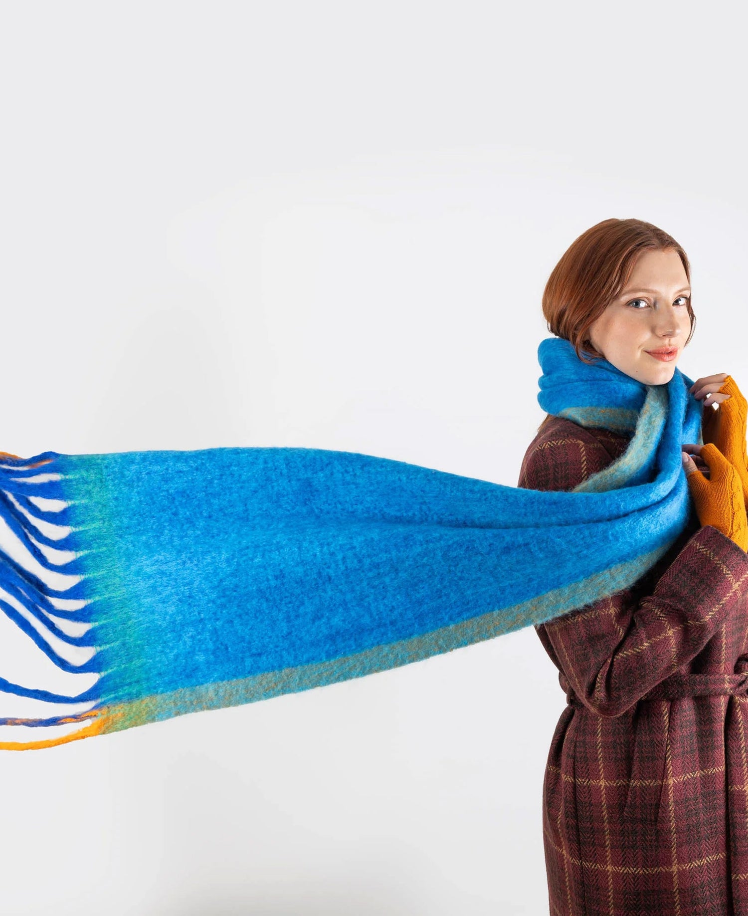Soft Blanket Scarf With Contrast Edges - Cobalt/Tangerine