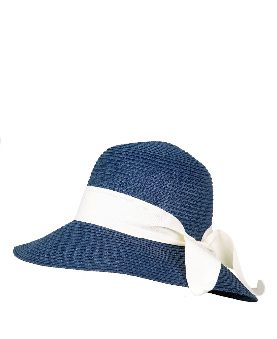 Straw Hat with Ribbon &amp; Bow - Navy/Ivory