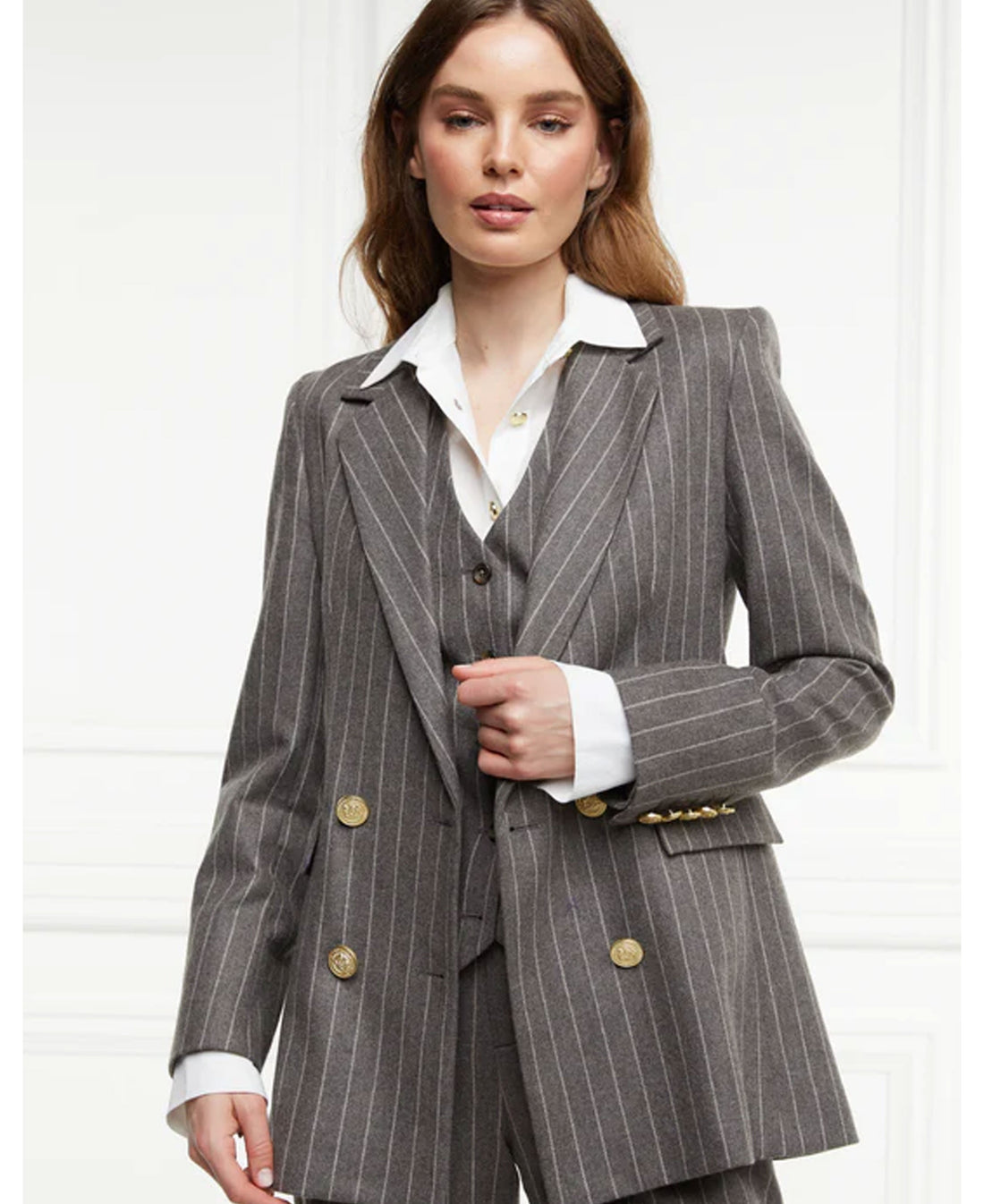 Double Breasted Blazer - Soft Grey Pinstripe